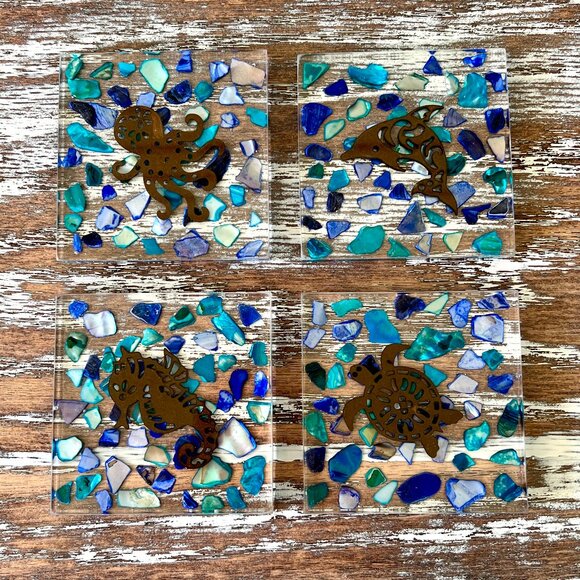 Ocean Animals Sea Pebble Resin Drink Coasters Set of 4 Beach House Housewarming - Picture 1 of 6